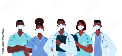 Coronavirus 2019-nCoV. Set of Black doctors characters in white medical face mask. Stop Coronavirus concept. Medical team doctor nurse therapist surgeon professional hospital workers, group of medics.