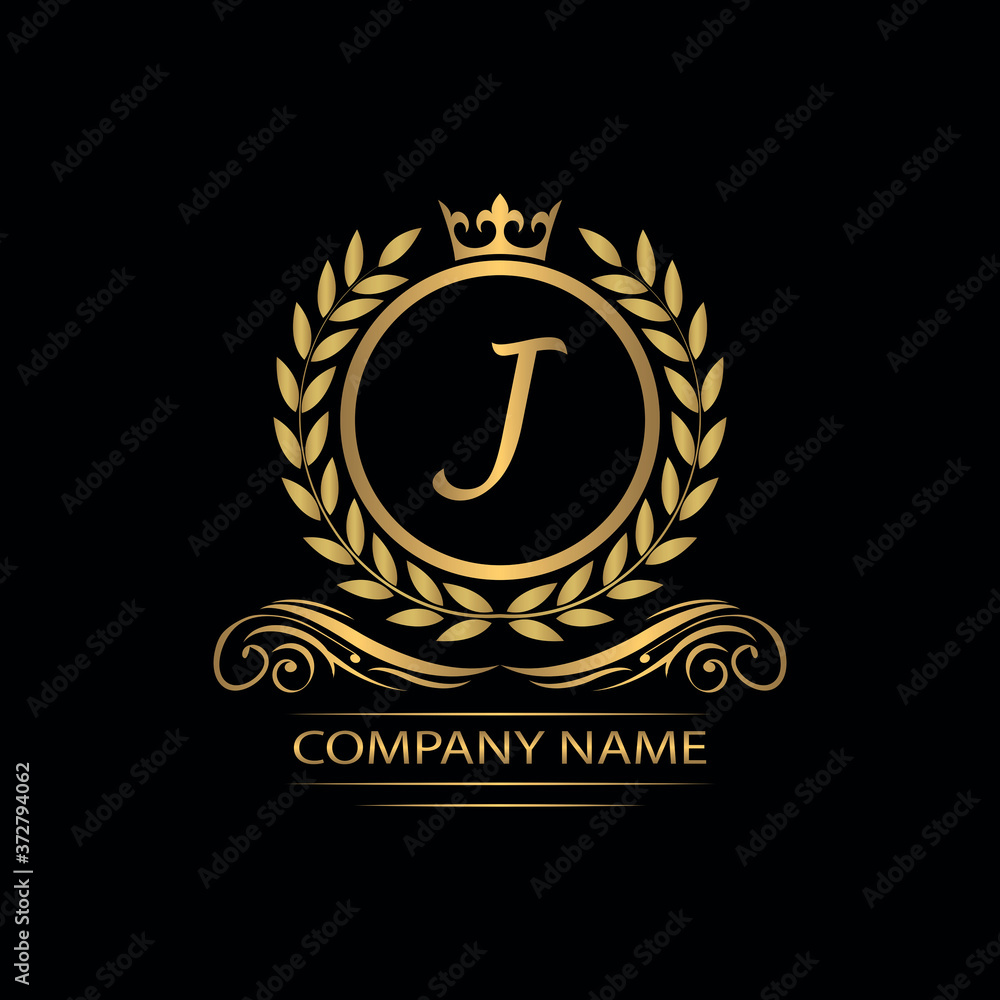 Golden Letter J laurel wreath template logo Luxury gold letter with crown. Monogram alphabet . Beautiful royal initials letter. Golden Letter J laurel wreath template logo Luxury gold letter with crown. Monogram alphabet . Beautiful royal initials letter.