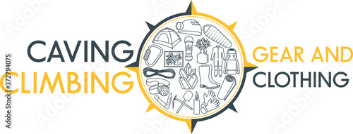Vector outdoor gear label. Corporate identity template with caving and climbing line icons logo.