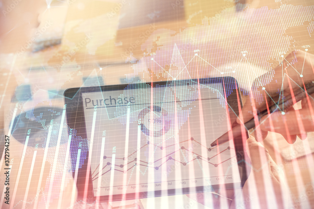 Double exposure of man's hands holding and using a phone and financial chart drawing. Market analysis concept. Double exposure of man's hands holding and using a phone and financial chart drawing. Market analysis concept.