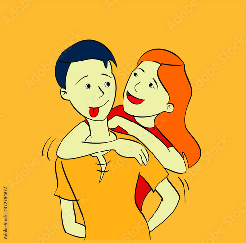 Happy young lovers couple hugging Girlfriend hugs his boyfriend from behind. Vector cartoon flat illustration 
