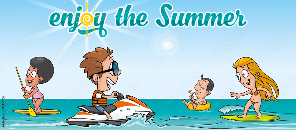 Fototapeta premium Cartoon illustration of a group of people enjoying the summer in the bach (driving a jet ski,surfing and relaxing on a float)