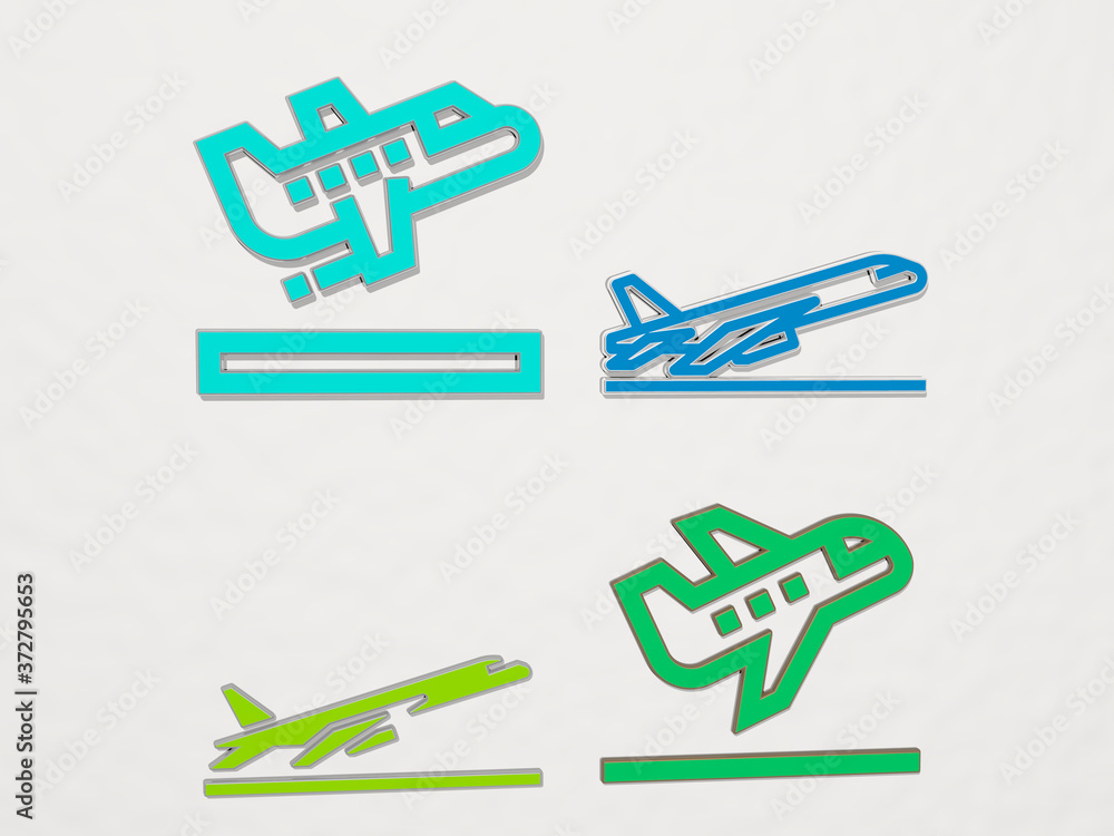 take off 4 icons set, 3D illustration for airplane and airport