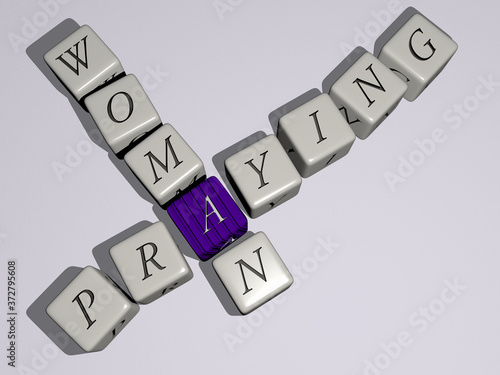 praying woman crossword by cubic dice letters, 3D illustration for background and hands