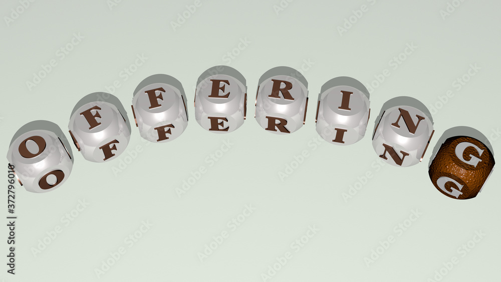 OFFERING curved text of cubic dice letters, 3D illustration for business and background OFFERING curved text of cubic dice letters, 3D illustration for business and background