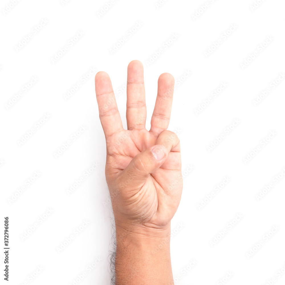Hand showing three finger symbol isolated on white Hand showing three finger symbol isolated on white