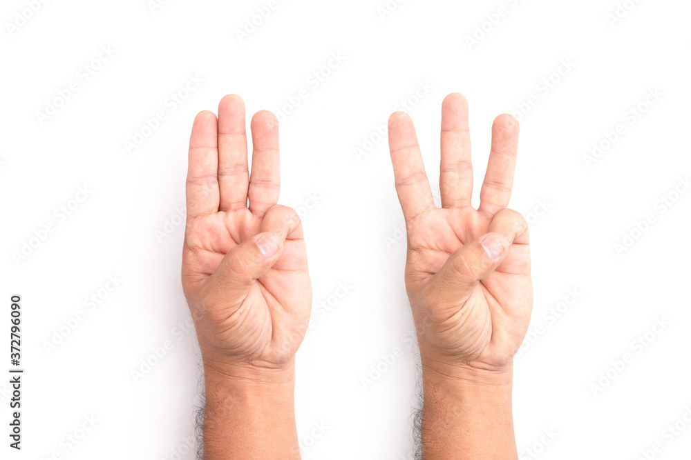 Hand showing three finger symbol isolated on white Hand showing three finger symbol isolated on white