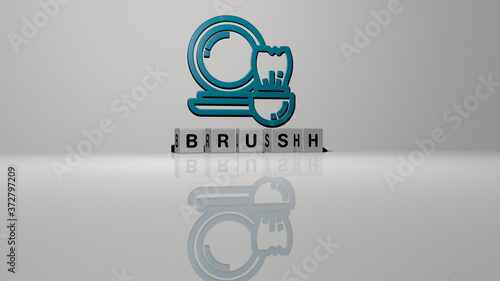 brush text of cubic dice letters on the floor and 3D icon on the wall, 3D illustration for background and abstract