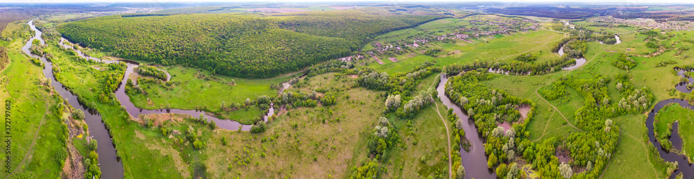 aerial drone landscape of river in green field, top view of beautiful nature texture from drone aerial drone landscape of river in green field, top view of beautiful nature texture from drone