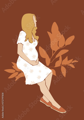 Vector pregnant mother illustration with flowers on the background. Cute 
young pregnant woman print poster.
