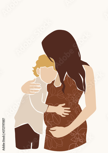 Vector illustration of parent with a kid on the earthy nude isolated background. Lovely family wall art print.