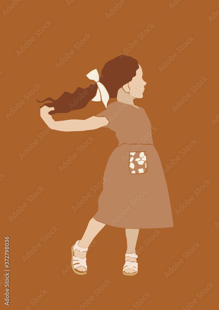 Vector little cute kid clipart girl  wearing fashion dress. Printable home wall art poster.