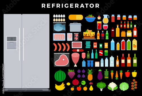 Refrigerator vector flat set with eggs, fish, meat, sausages, berries, cake, fruit, vegetables, milk, wine, juice, yogurt, honey, canned goods, cheese, shrimp, sauces on dark background
