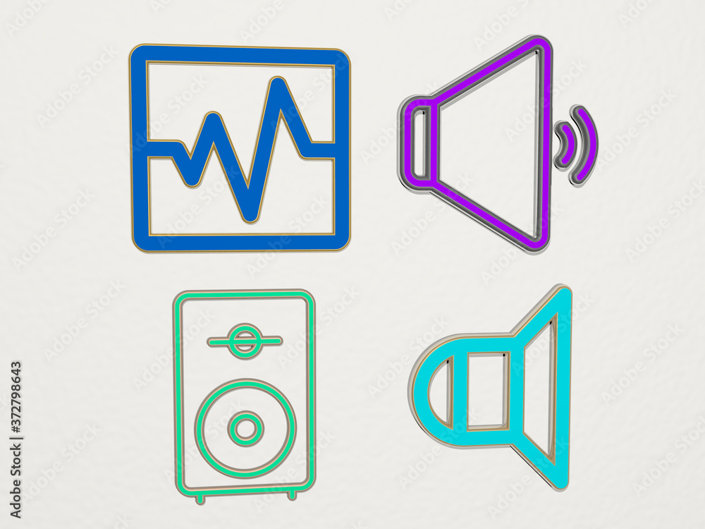 sound 4 icons set, 3D illustration for music and background sound 4 icons set, 3D illustration for music and background