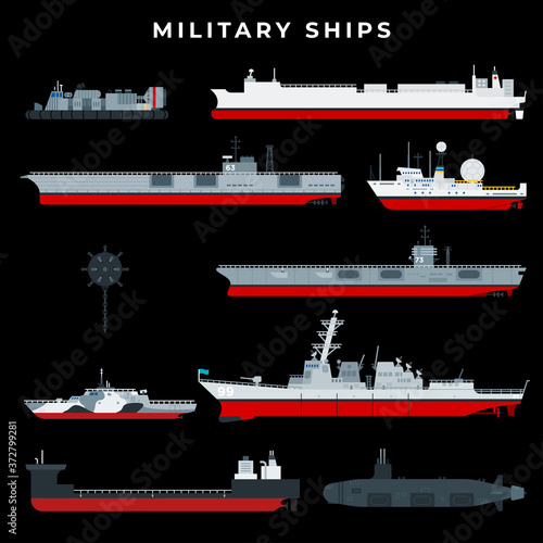 Warship set with boat, vessel, craft, battleship, military, armed, navy. Isolated on black background. Dark theme concept