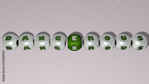 DANGEROUS text by cubic dice letters, 3D illustration for background and animal