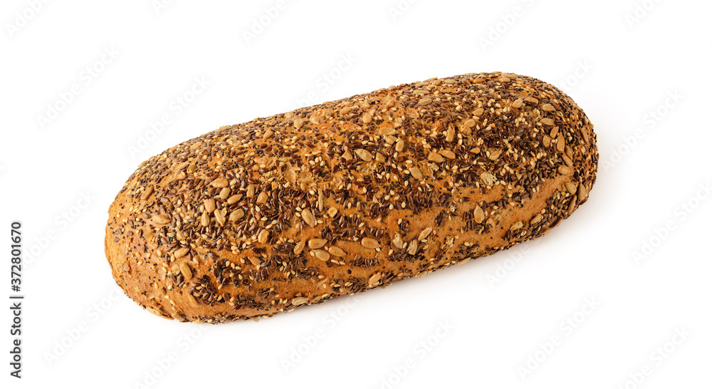 Loaf of tasty bread with seeds isolated on white background. Whole wheat bread with flax, sunflower, poppy and sesame seeds. Baking of dough. Healthy eating. Loaf of tasty bread with seeds isolated on white background. Whole wheat bread with flax, sunflower, poppy and sesame seeds. Baking of dough. Healthy eating.