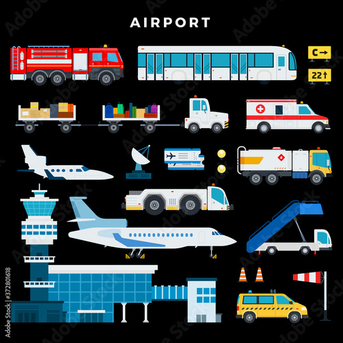 Airport exterior. Airplanes, different planes, cars, buildings, tickets, luggage dark theme isolated
