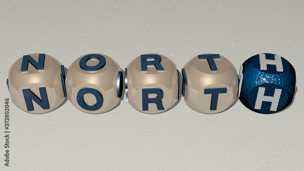 NORTH text by cubic dice letters, 3D illustration for blue and america NORTH text by cubic dice letters, 3D illustration for blue and america
