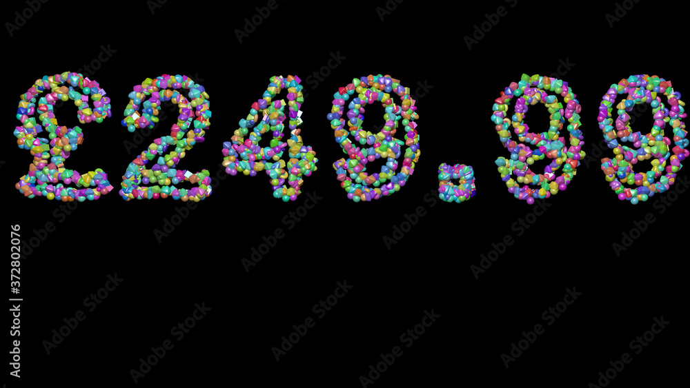 Colorful 3D writing of £249 text with small objects over a dark background and matching shadow Colorful 3D writing of £249 text with small objects over a dark background and matching shadow