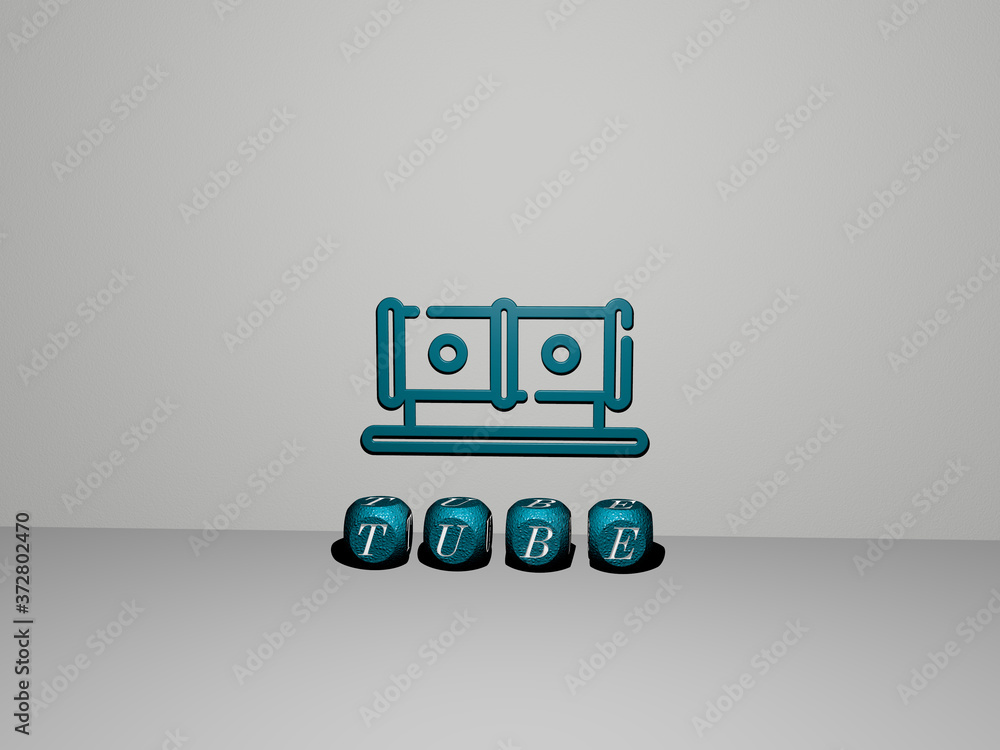 TUBE 3D icon on the wall and text of cubic alphabets on the floor, 3D illustration for background and test TUBE 3D icon on the wall and text of cubic alphabets on the floor, 3D illustration for background and test