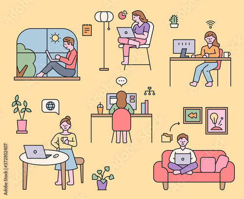 People who work from home in various styles. flat design style minimal vector illustration.