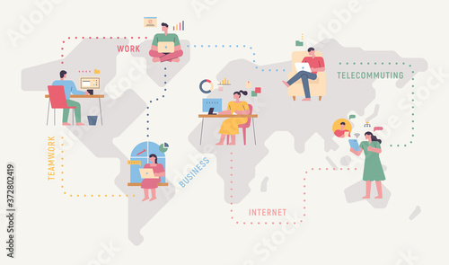 People from all over the world are networked and working. World map background.  flat design style minimal vector illustration.