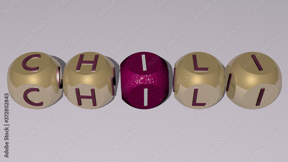 CHILI text by cubic dice letters, 3D illustration for background and food CHILI text by cubic dice letters, 3D illustration for background and food