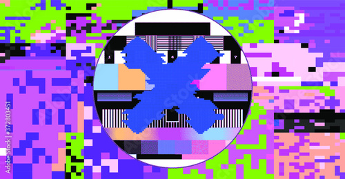 TV screen without signal with pixeled RGB bars and VHS noise effect.