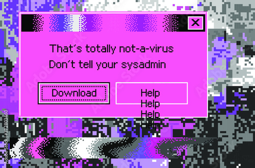 Conceptual illustration of a virus programm, malware, hacker attack. Infected computer screen with warning messages and buggy and glitchy pixels.