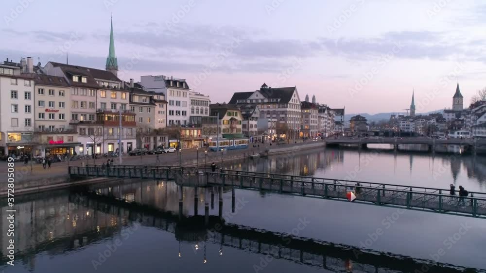 Zurich Switzerland Swiss Alps Uetliberg Mountain City Sunset Winter Aerial 4K Zurich Switzerland Swiss Alps Uetliberg Mountain City Sunset Winter Aerial 4K