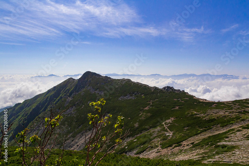 中央アルプス・木曽駒ヶ岳 登山道から望む伊那前岳と雲海に浮かぶ南アルプスの山々