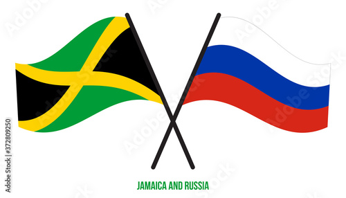 Jamaica and Russia Flags Crossed And Waving Flat Style. Official Proportion. Correct Colors.