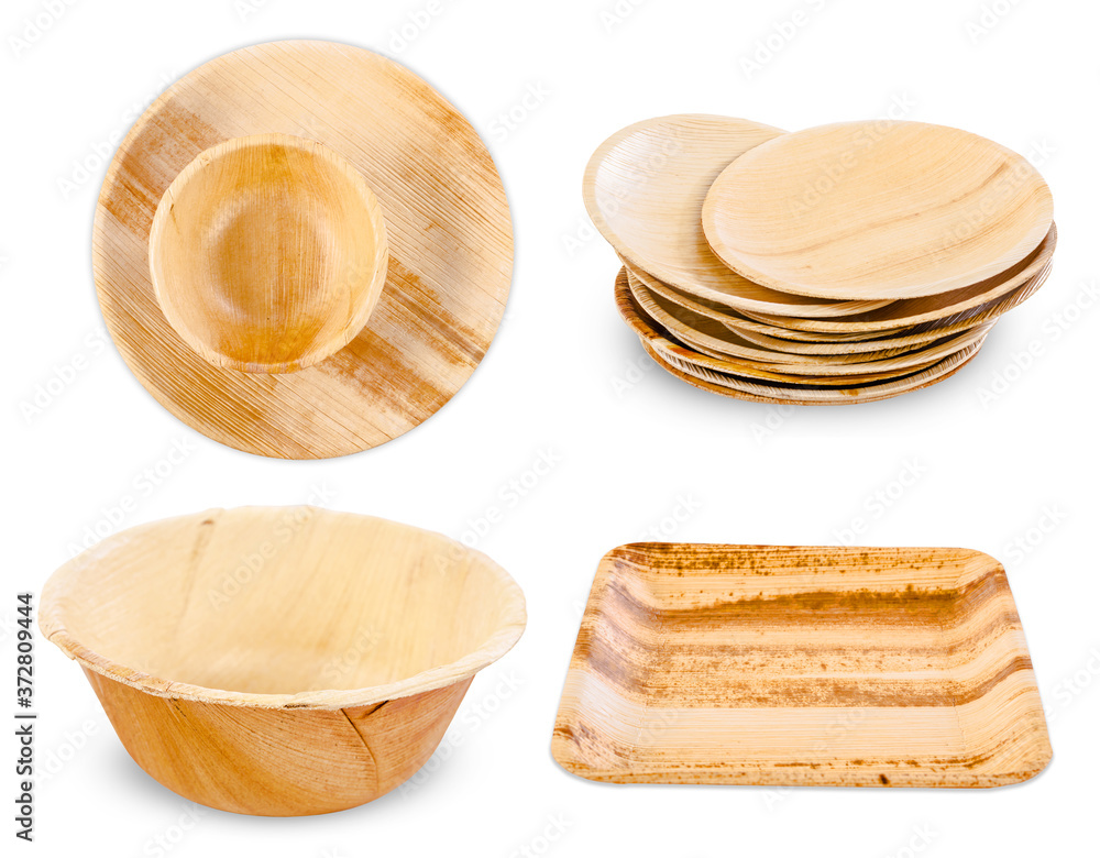 Set of plate anc cup made from dried betel nut leaf palm, natural material isolated on white background. Set of plate anc cup made from dried betel nut leaf palm, natural material isolated on white background.