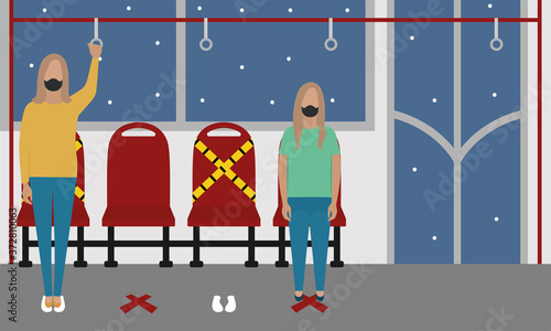 People in public transport wearing mask. Coronavirus prevention - Vector