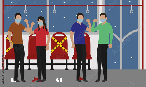 People in public transport wearing mask. Coronavirus prevention - Vector