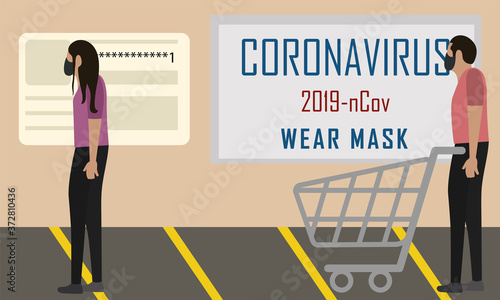People in line with social distancing. Coronavirus prevention - Vector