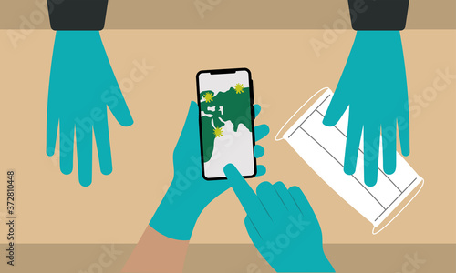Coronavirus prevention illustration. Face mask, gloves and app - Vector