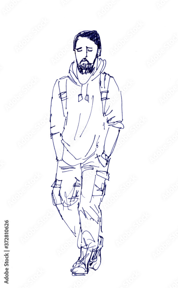 bearded young man with backpack, graphic linear black white drawing on a white background