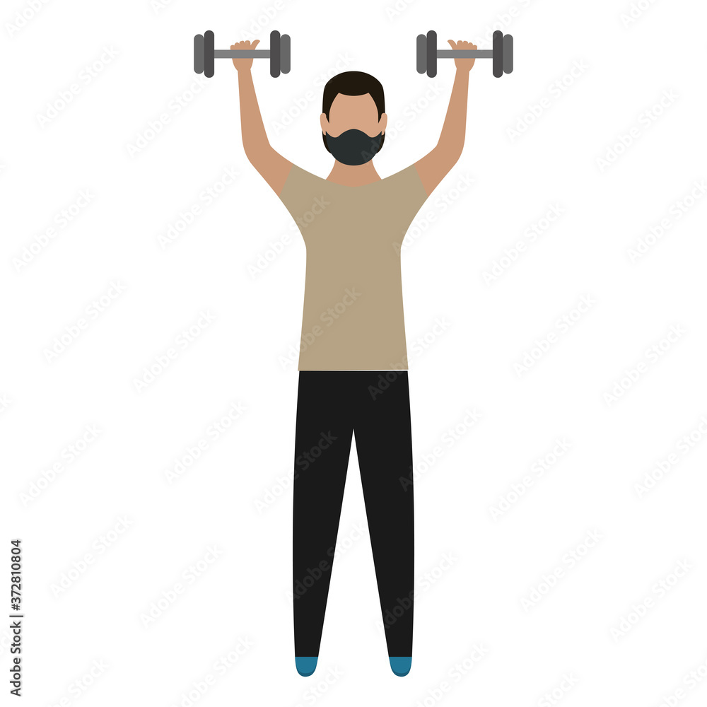 Man lifting weights wearing face mask - Vector illustration Man lifting weights wearing face mask - Vector illustration
