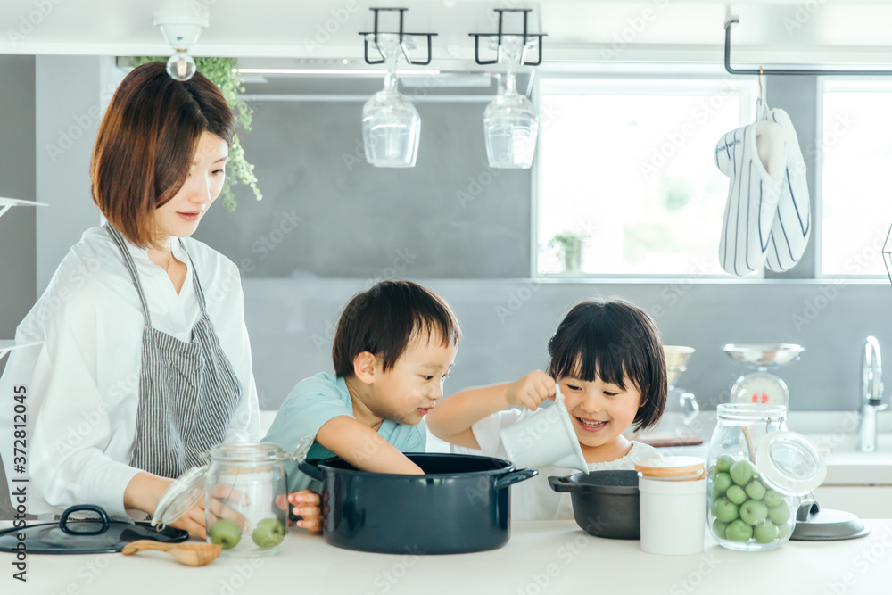 新築のリビングで母親が子供二人に料理を教えている fmaily kids 子育て 新築のリビングで母親が子供二人に料理を教えている fmaily kids 子育て