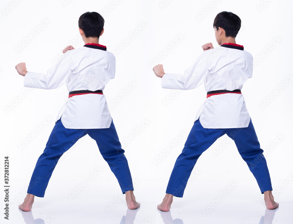 TaeKwonDo Karate national athlete kick punch on white background isolated TaeKwonDo Karate national athlete kick punch on white background isolated