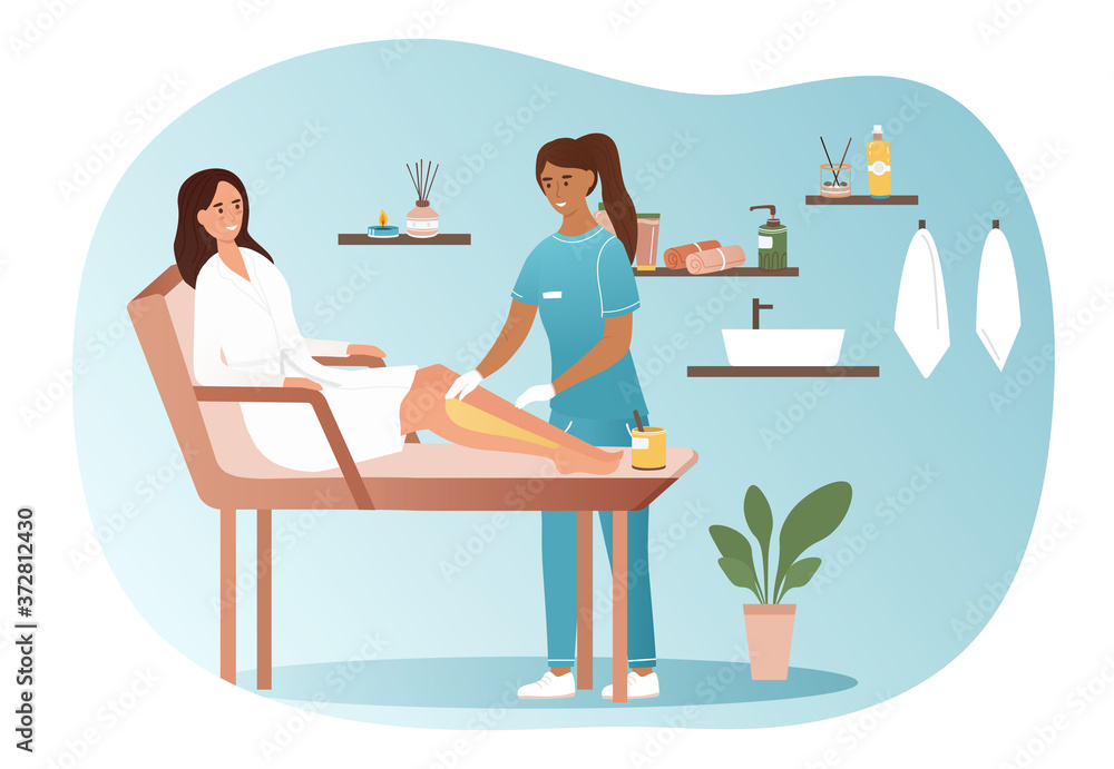 Beautician applying sugaring wax to the legs of a female client in a beauty salon or spa, colored vector illustration Beautician applying sugaring wax to the legs of a female client in a beauty salon or spa, colored vector illustration