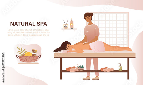 Woman having a relaxing massage at a spa or beauty salon with female masseuse and herbal remedies, colored vector illustration. Webpage template