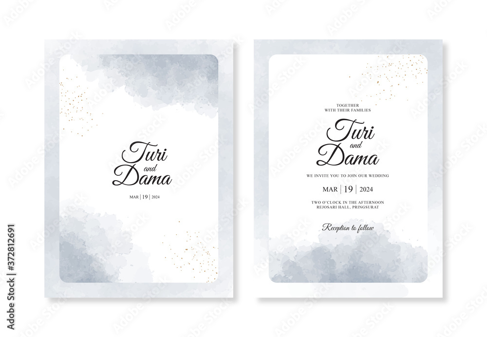 Elegant wedding invitation template with watercolor splash and sparkle