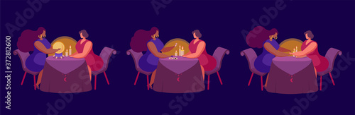 Mystical illustration showing fortune telling on a crystal ball, fortune telling on cards, palmistry. The fortuneteller predicts the future of a woman at the table. Attributes of occultism and magic