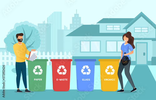 Sorting waste and household garbage for recycling in the street with a couple using colour coded bins for disposal, colored vector illustration