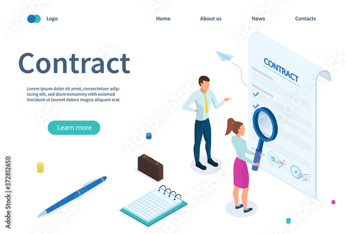 Characters from legal service studying the contract. Contract Agreement and Management Concept. Flat Isometric Vector Illustration. Webpage template