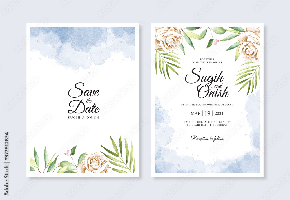 Watercolor hand painted flowers and splashes for a wedding invitation card template