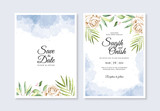 Watercolor hand painted flowers and splashes for a wedding invitation card template